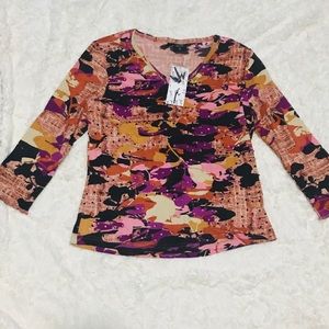 NWT Zashi Embellished 3/4 Sleeve Top Size Medium Pink Orange Purple